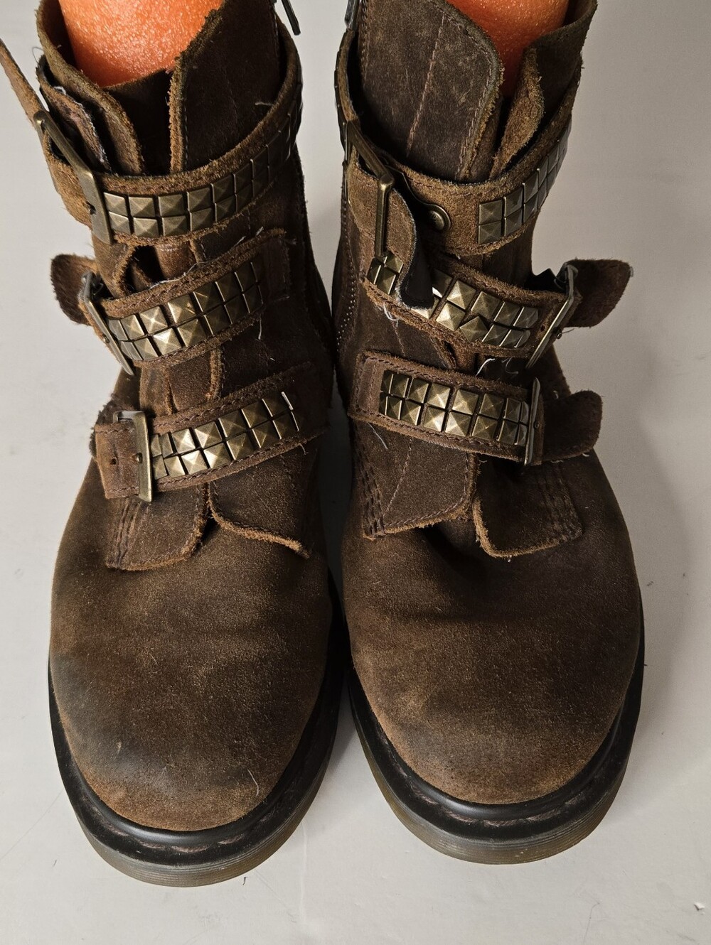 Dr. Martens Brown Suede Studded Triple-Buckle Ankle Boots Size 9 - Picture 1 of 14